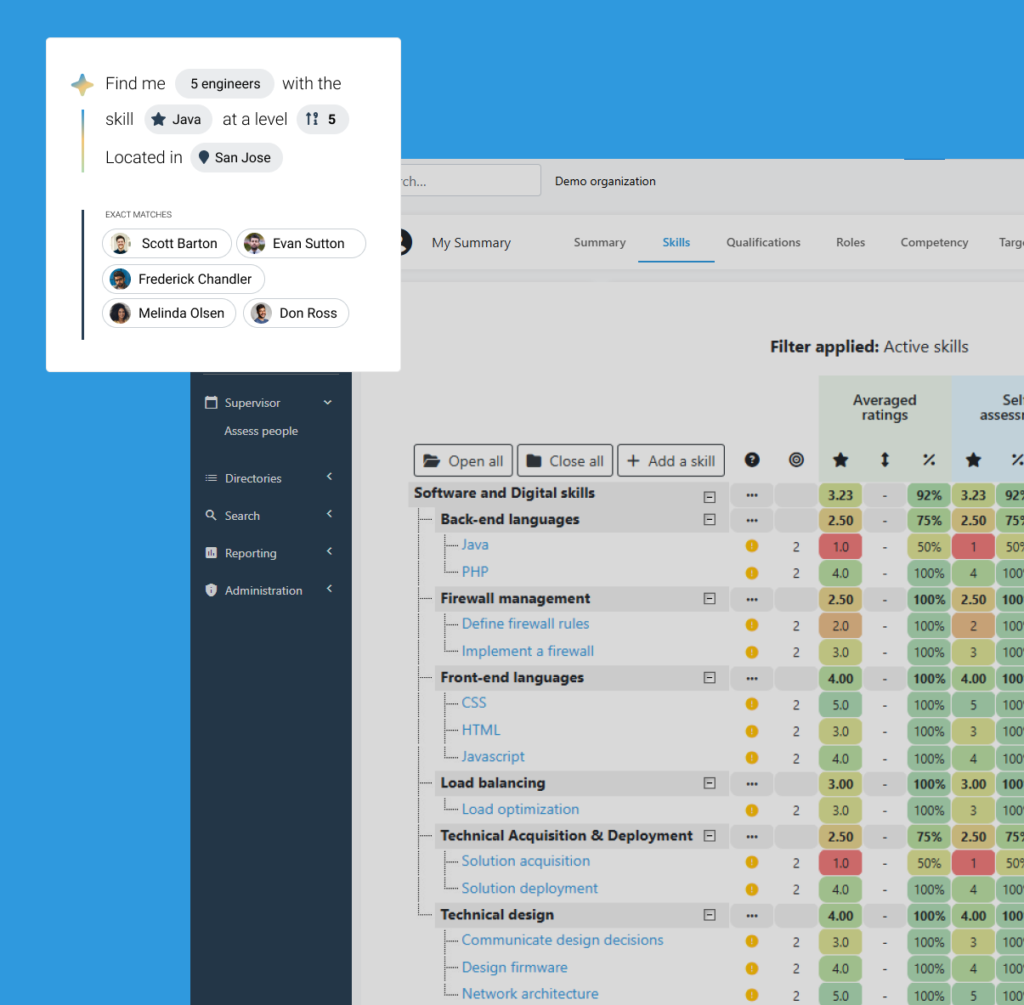 Mockup and Illustration of Skills Base depicting a resource allocation use case for skills management & Talent Intelligence.
